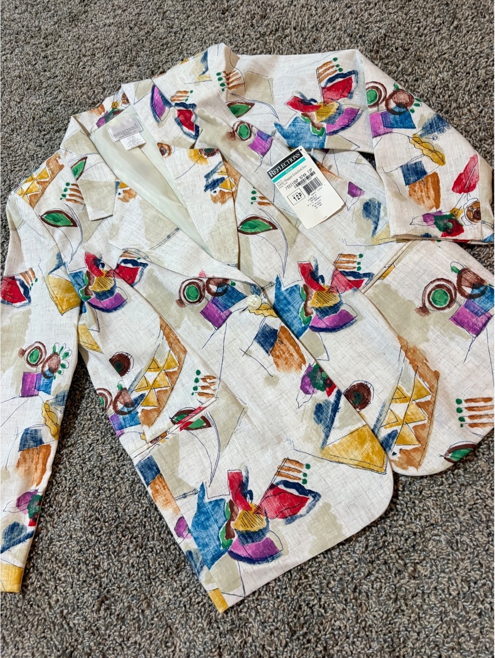 Vintage Reflections Abstract Multi-Color Graphic Print Linen Blend Blazer Jacket